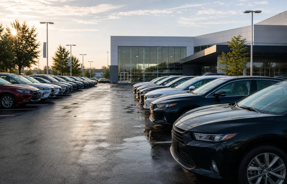 Rows of used cars at a Korean dealership lot