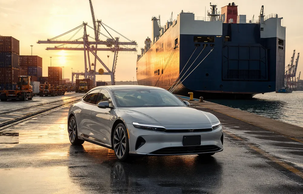 A car bought in Korea on the quay beside the carrier that will export it