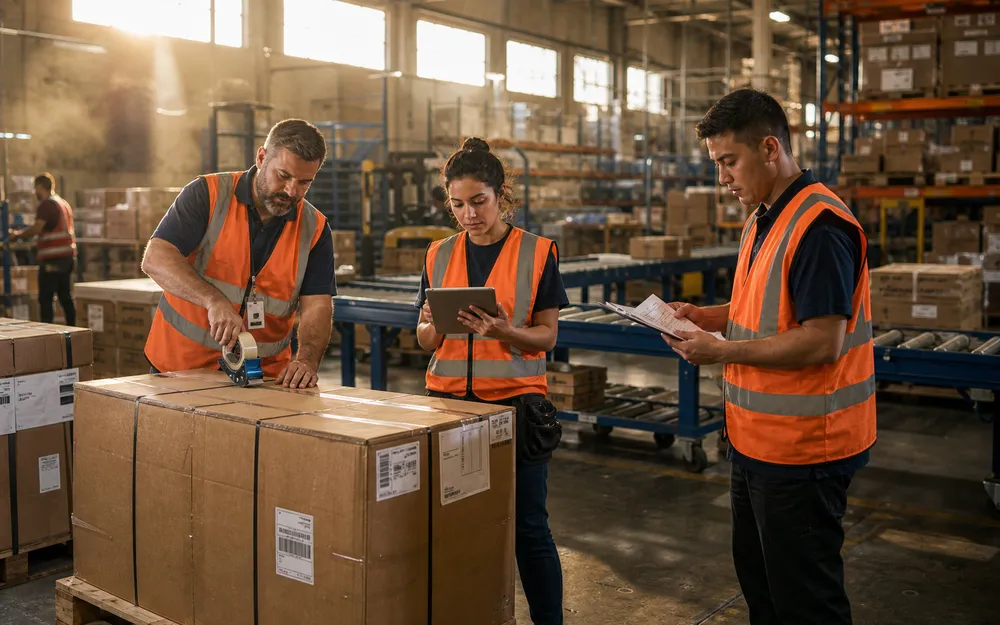 An export logistics team preparing a shipment